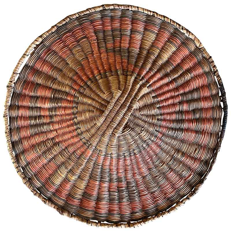 Hopi – third mesa – Antique Hopi wicker tray (earlier 1900s) with traditional Hopi design in faded purple and yellow vegetal dyes on red ground.