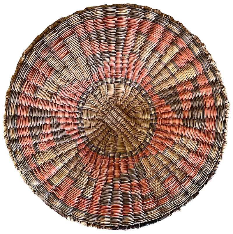 Hopi – third mesa – Antique Hopi wicker tray (earlier 1900s) with traditional Hopi design in faded purple and yellow vegetal dyes on red ground.