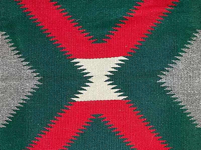 Germantown sampler rug. White center; large red X with green background and gray side elements