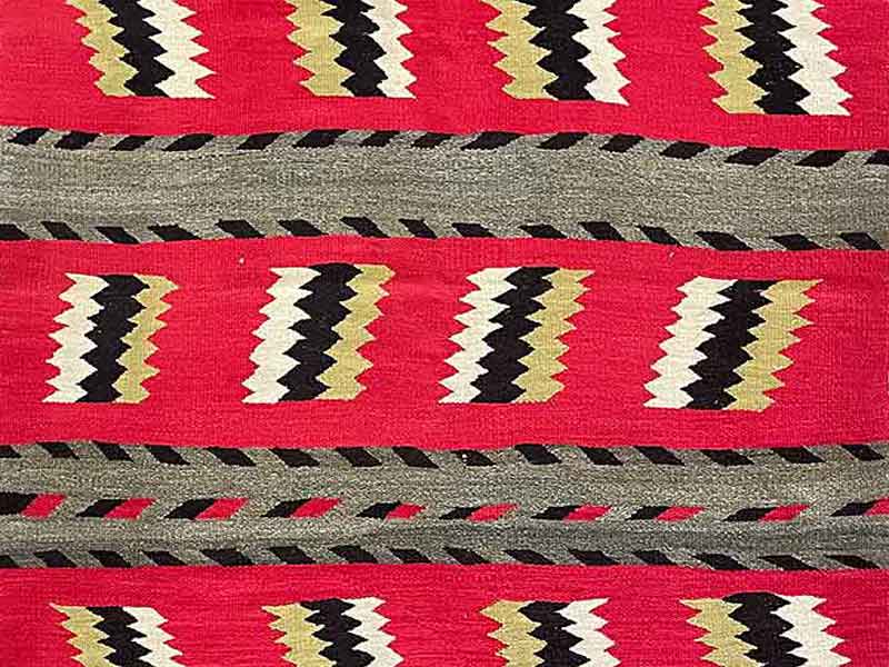 Navajo banded blanket with a tight weave. Native handspun natural white, black and gray wool. Vegetal dye yellow and analine red