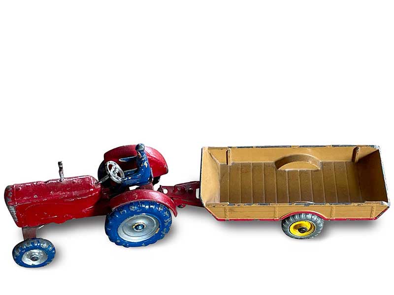 Dinky Toys tractor, farmer, and trailer